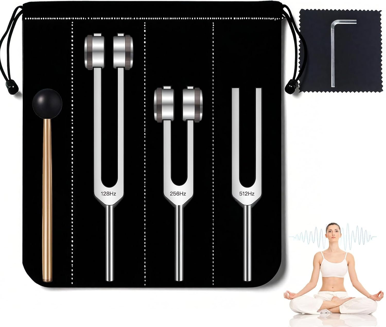 Tuning Forks for Healing Set – 128Hz 256Hz 512Hz Frequency Healing Devices, Aluminum Alloy Chakra Balancing Tools with Carrying Pouch & Mallet for Sound Therapy, Meditation & Yoga