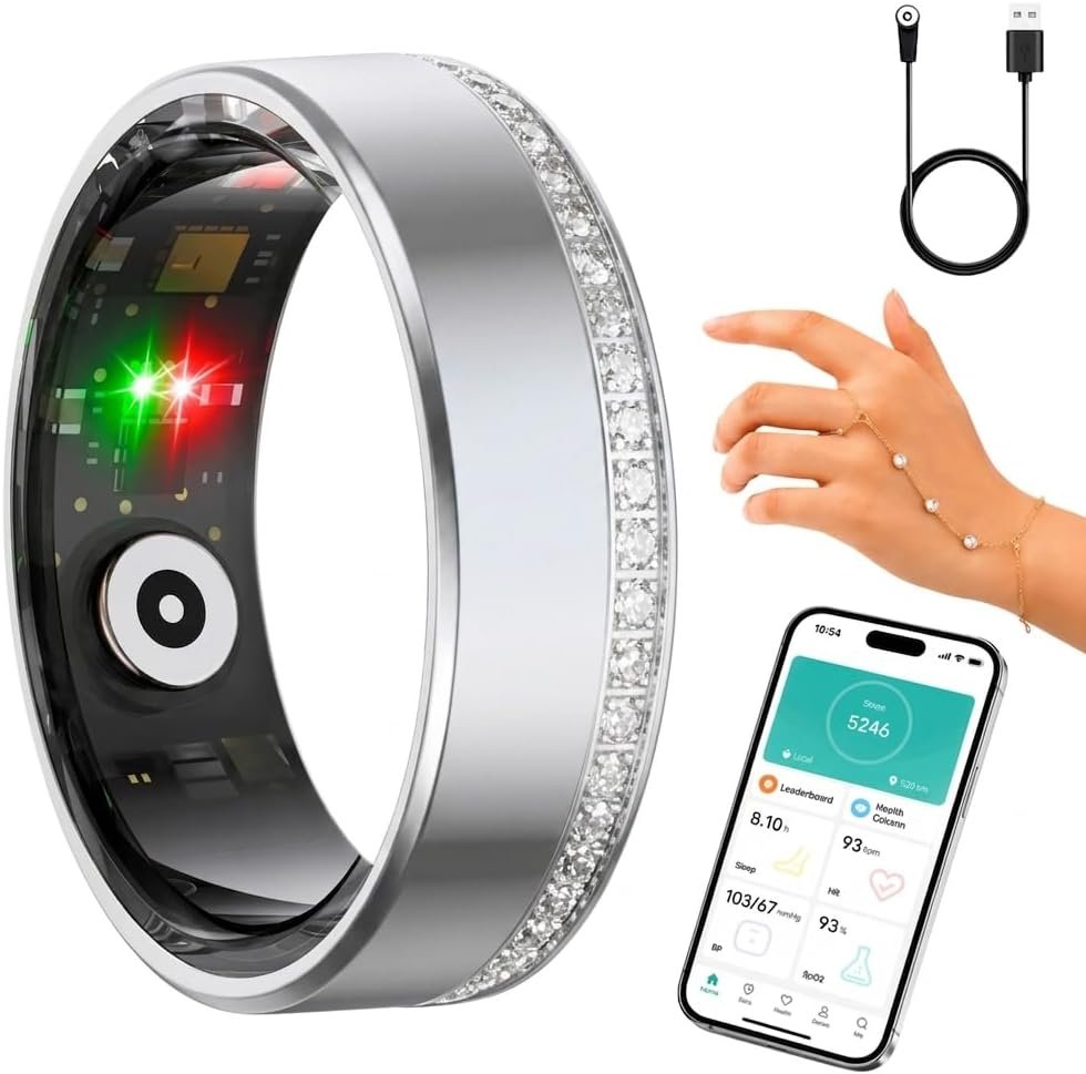 Smart Ring for Women Men – Heart Rate Sleep Tracker, 5ATM Water Resistant, Gesture Control, Up to 6-Day Battery, Bluetooth 5.2, Silver, Size 8