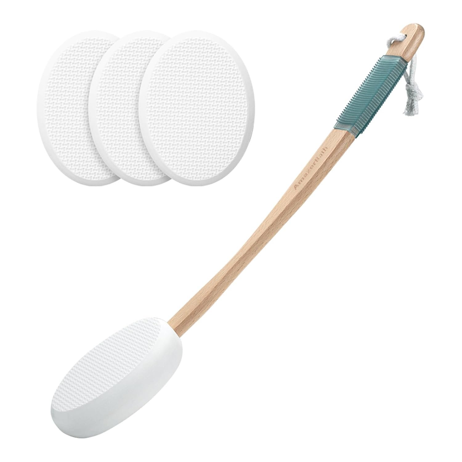 AmazerBath Lotion Applicator for Back, Feet, 4 Replacement Pads with 17″ Curved Handle, Back Sunscreen Applicator for Kids, Elderly, Women, Apply Skin Cream Medicine Moisturizer Tanner, White