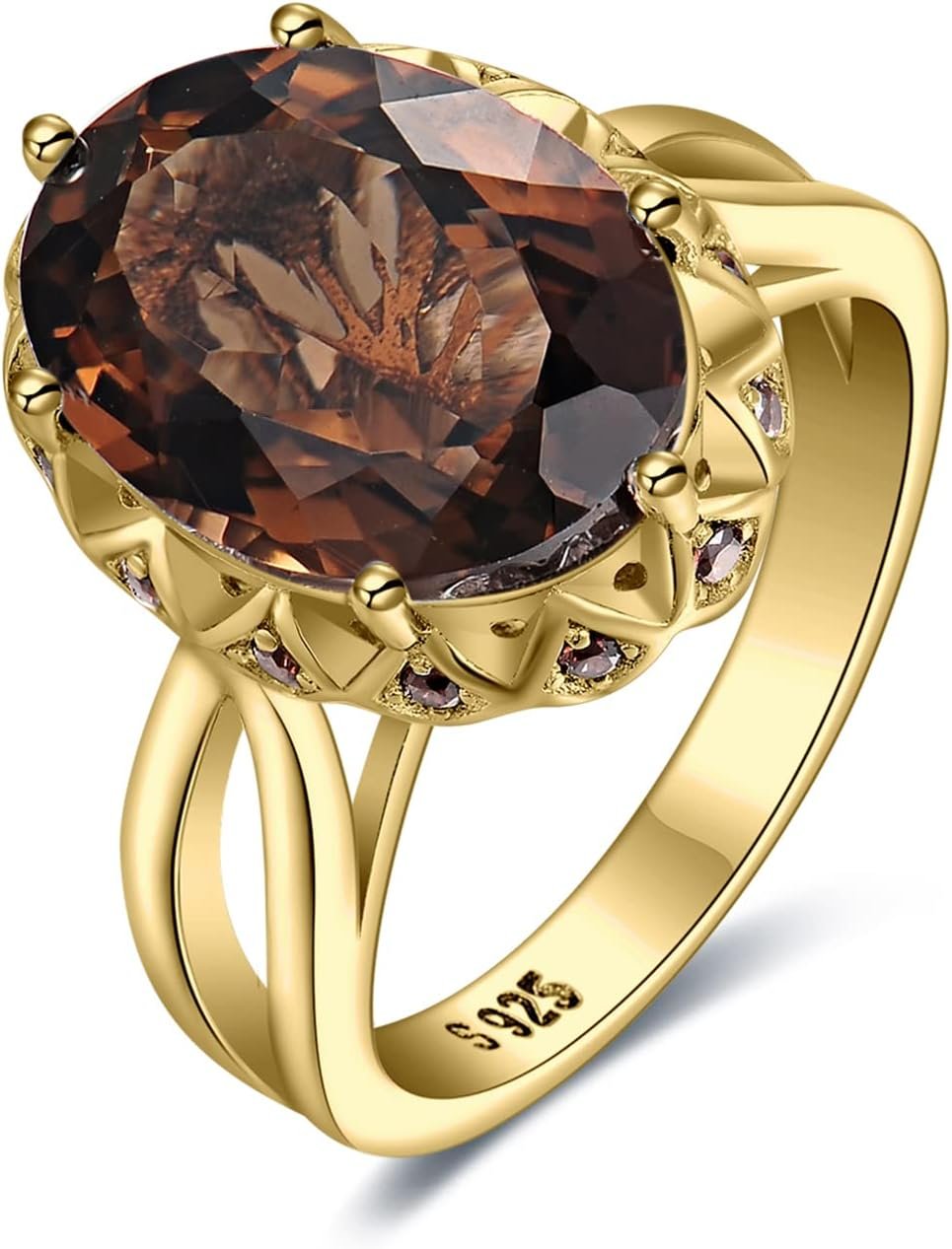 JewelryPalace Huge Oval Shape 5.7ct Genuine Smoky Quartz Cocktail Rings for Her, 14K White Yellow Rose Gold Plated 925 Sterling Silver Ring for Women, Natural Gemstone Jewelry Sets Rings