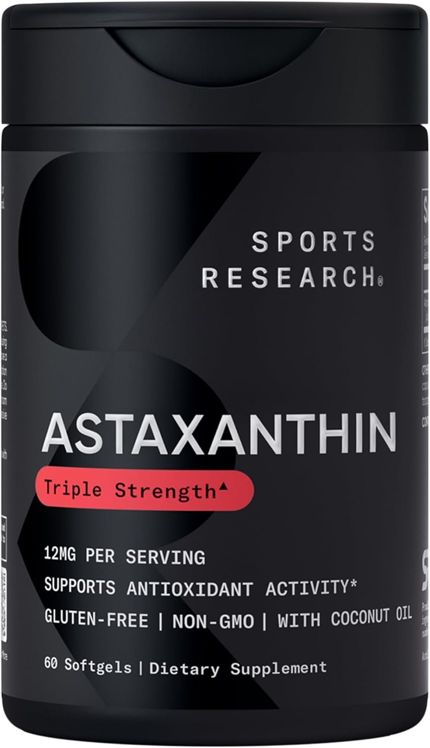 Sports Research® Triple Strength Astaxanthin 12mg w/Organic Coconut Oil – Antioxidant Supplement for Skin & Eye Health Support* – Soy Free · Non-GMO · Gluten Free – 60 Softgels