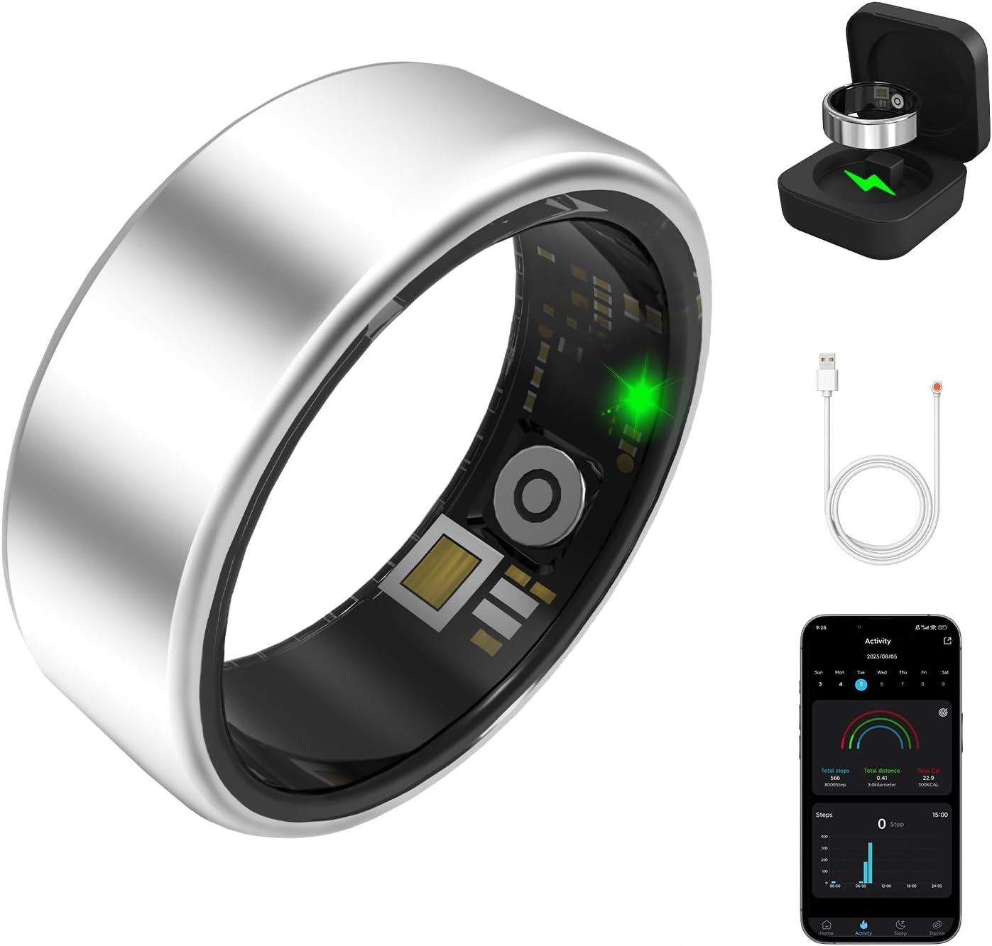 Smart Ring for Women Men Fitness Tracker with Heart Rate, Blood Oxygen, Step, Sleep Monitoring, IP68 Waterproof Fitness Ring Support Gesture Control, No App Fees for iPhone and Android, Silver 7