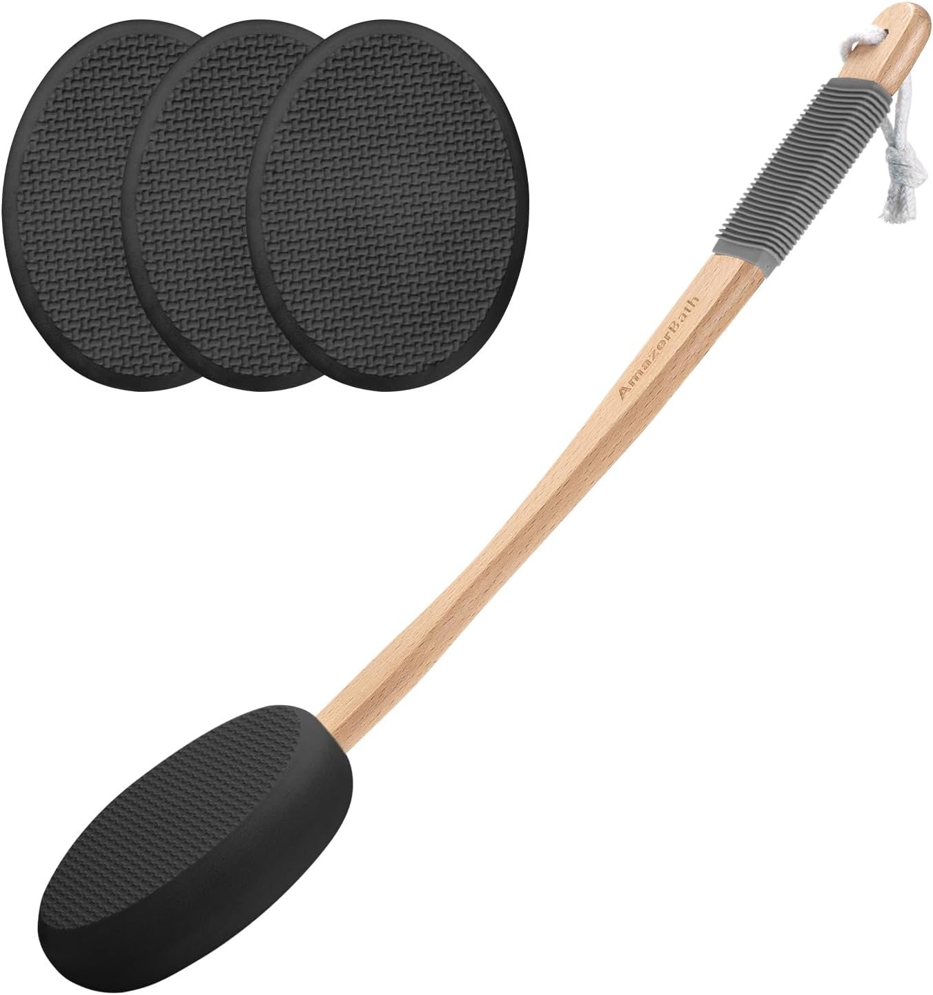 AmazerBath Lotion Applicator for Back, Feet, 4 Replacement Pads with 17″ Curved Handle, Back Sunscreen Applicator for Kids, Elderly, Women, Apply Skin Cream Medicine Moisturizer Tanner, Black