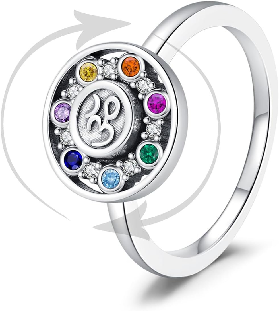 925 Sterling Silver Mandala Chakra Ring Yoga Lotus Flower Rings for Women Healing Crystal 7 Chakra Balance Jewelry Gifts