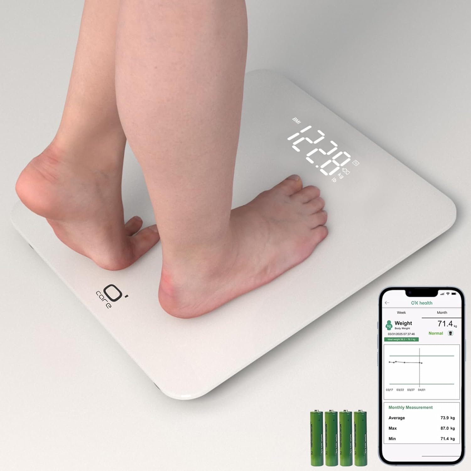 O’CARE Smart Scale for Body Weight and BMI Weighing,High Accuracy Digital Bathroom Scale with LED Large Display,Smart APP Sync Weight Scale 440lb (White)