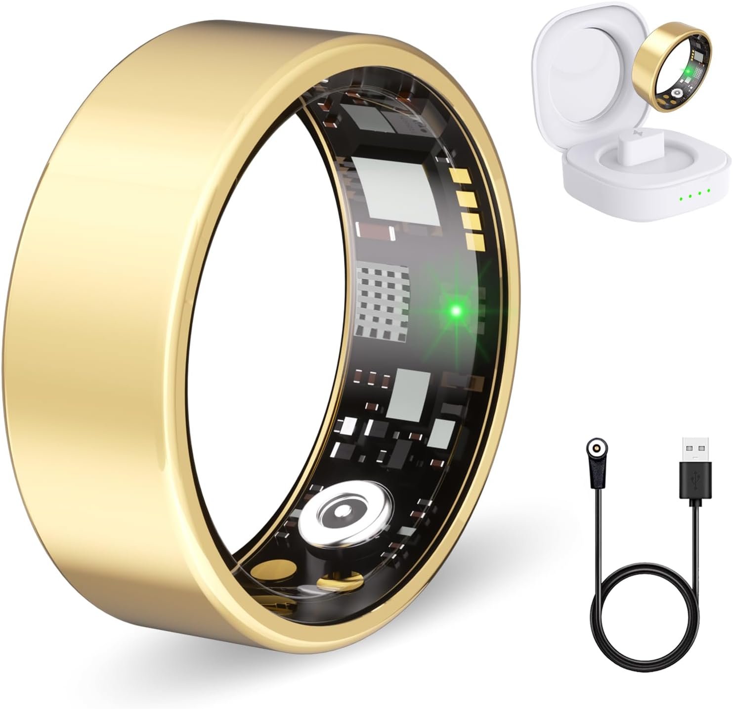 Smart Health Rings for Women & Men Fitness Ring with Heart Rate, Blood Oxygen, Step Tracker Ring, Sleep Tracker, IP68 Waterproof Smart Ring for No Subscription Fee, iOS & Android (Gold, 7#)