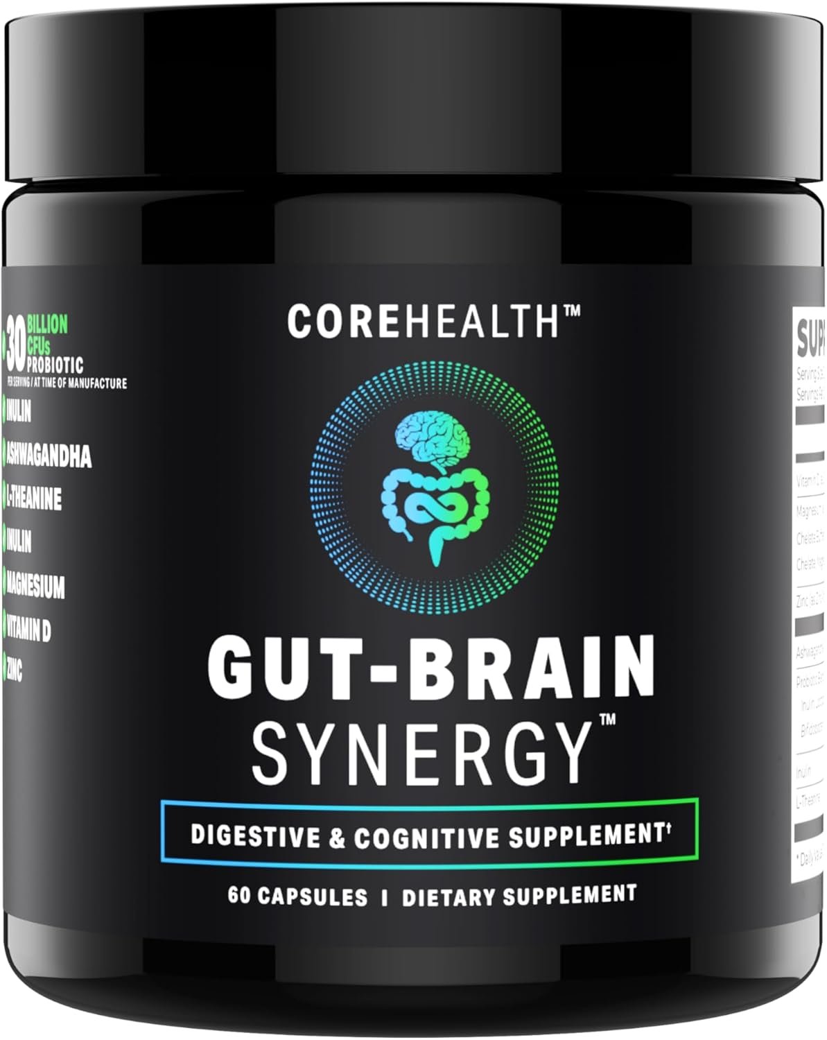 Gut-Brain Synergy Probiotic & Nootropic – 30Billion CFU Psychobiotic + Prebiotic with Ashwagandha, L-Theanine & Zinc for Gut Health, Mood Support, Stress Relief, Bloating Relief & Brain Focus & Memory