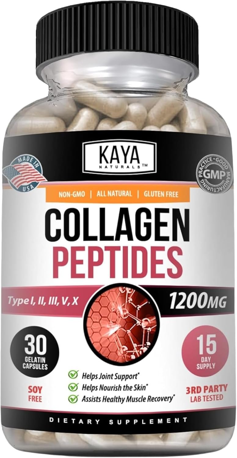 Kaya Naturals Multi Collagen Peptides Complex Powder for Women and Man, Vital for Hair, Skin, Nails, and Anti-Aging, Types I, II, III, V & X Collagen Protein Blend | Capsules – 30 Count Supplement