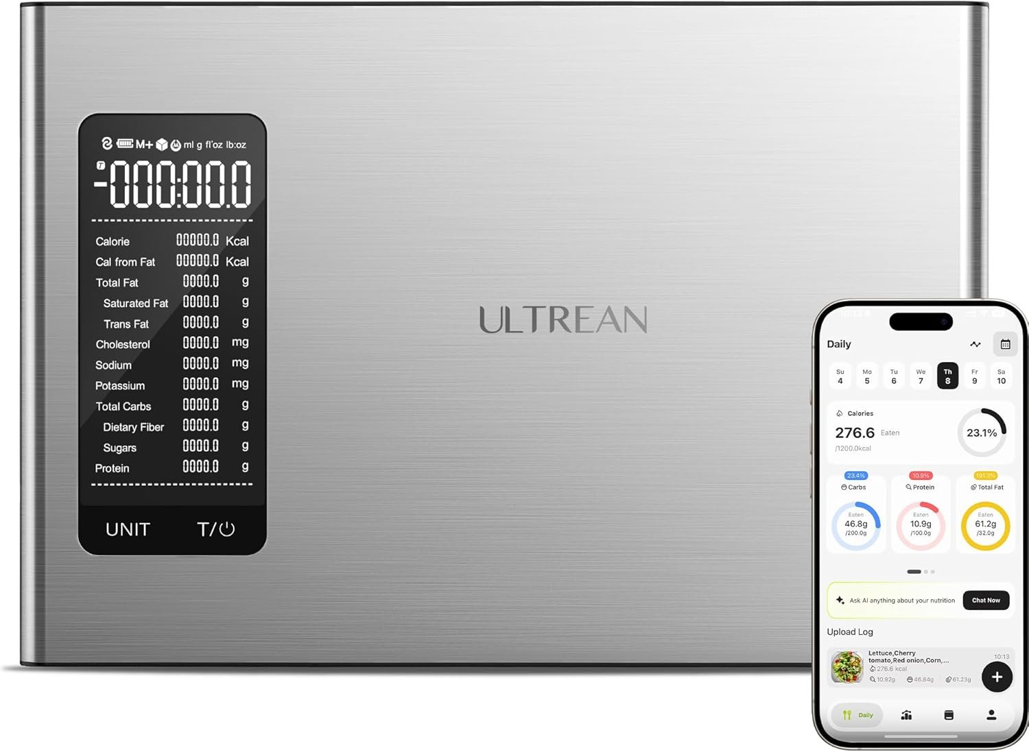 Ultrean Smart Food Kitchen Scale with Nutritional Calculator, APP for Calorie & Macro Tracking, AI Powered, Goal Progress, Digital Calorie Scale for Weight Loss, Stainless Steel, 22lb