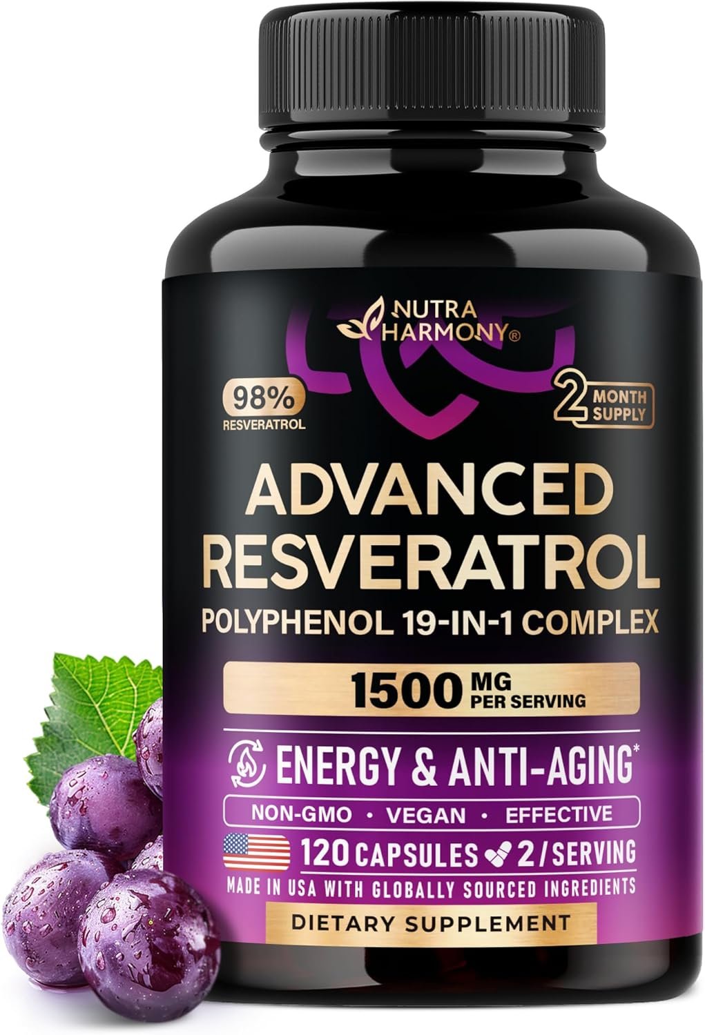Resveratrol Supplement – 19-in-1 Organic Polyphenol Complex – Noni Extract | Berberine | Quercetin | Apple Cider Vinegar | Acai – Made in USA – Antioxidant & Heart Health Support – 120 Capsules