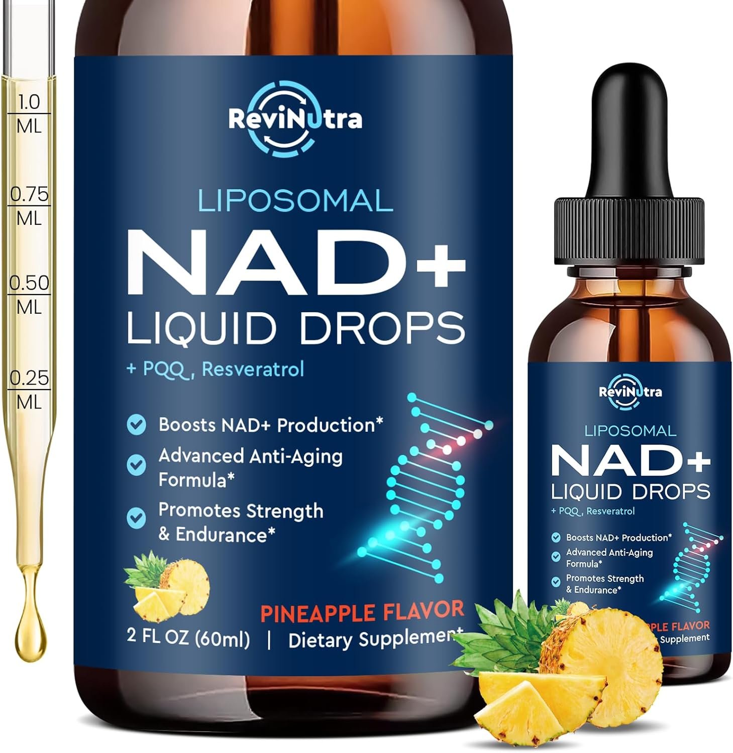 Liposomal NAD Supplement – 1200mg NAD+ Liquid Drops for Women & Men, NAD+ with Resveratrol, PQQ, CoQ10, Quercetin for Anti-Aging, Brain & Cellular Mitochondrial, Pineapple 2 Fl Oz