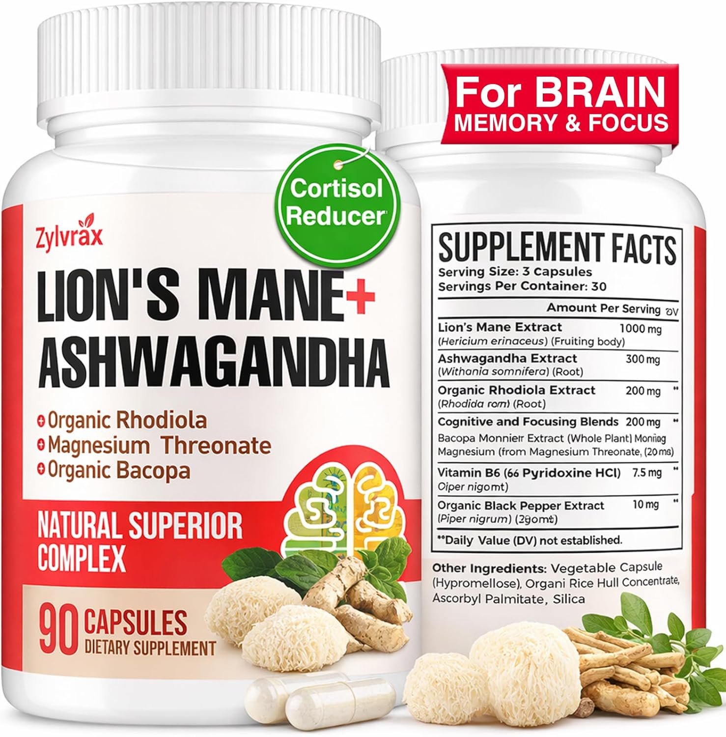 Ashwagandha & Lions Mane Supplements Capsules, Brain Supplements for Memory and Focus, Organic Ashwagandha with Rhodiola Rosea for Cognitive, Immune Support, Cortisol Supplement for Women, 90 Capsules