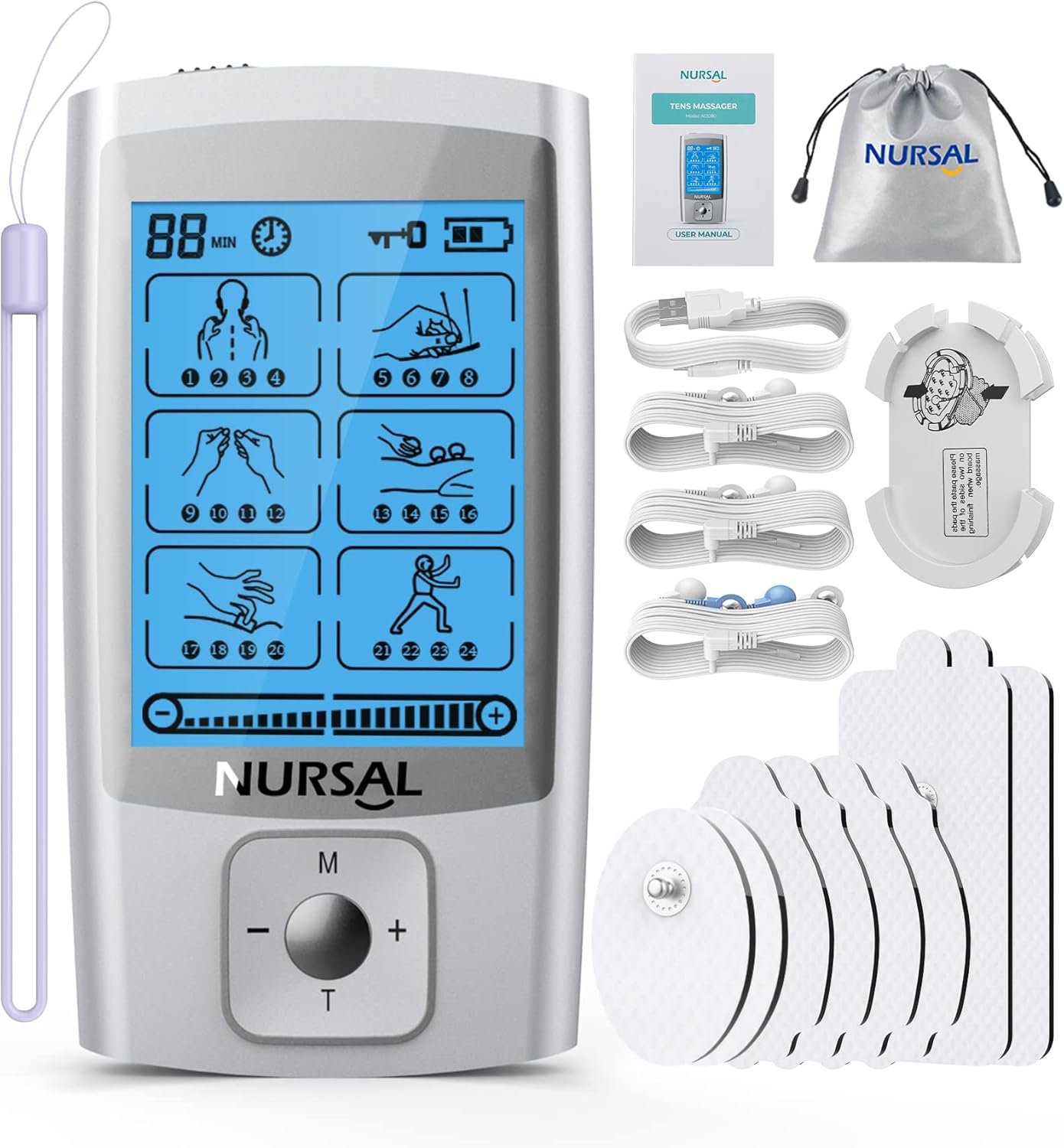 NURSAL 24 Modes TENS Unit Muscle Stimulator with Continuous Stimulation, Rechargeable Electronic Pulse Massager with 8 Pads for Back and Shoulder Pain Relief and Muscle Strength (Silver)
