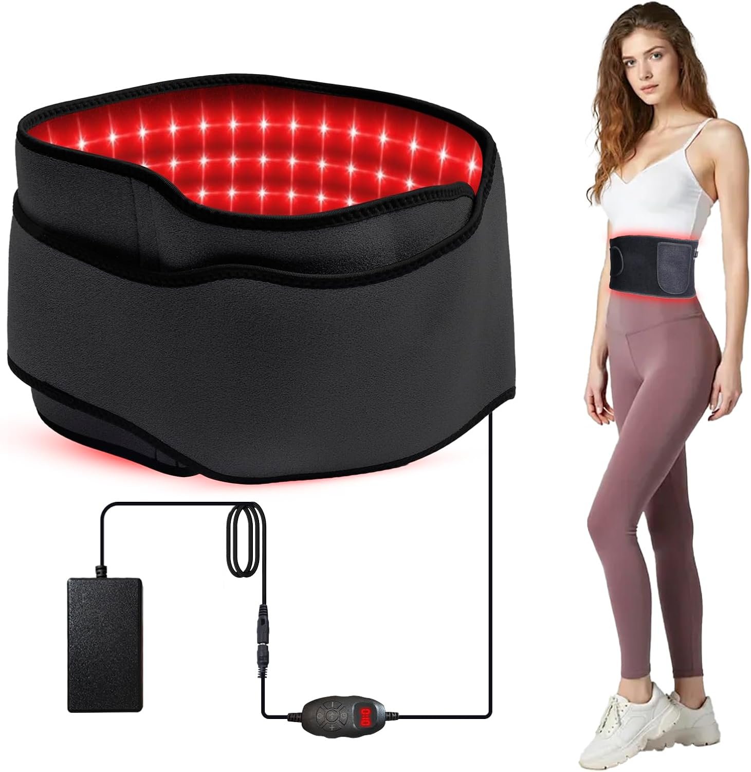 Red Light Belt, 660nm and 850nm Red & Near Infrared Light Wrap Belt with 3 Modes, 5 Brightness and 6 Time Settings for Legs, Back, Waist, Shoulders, Neck (Black)