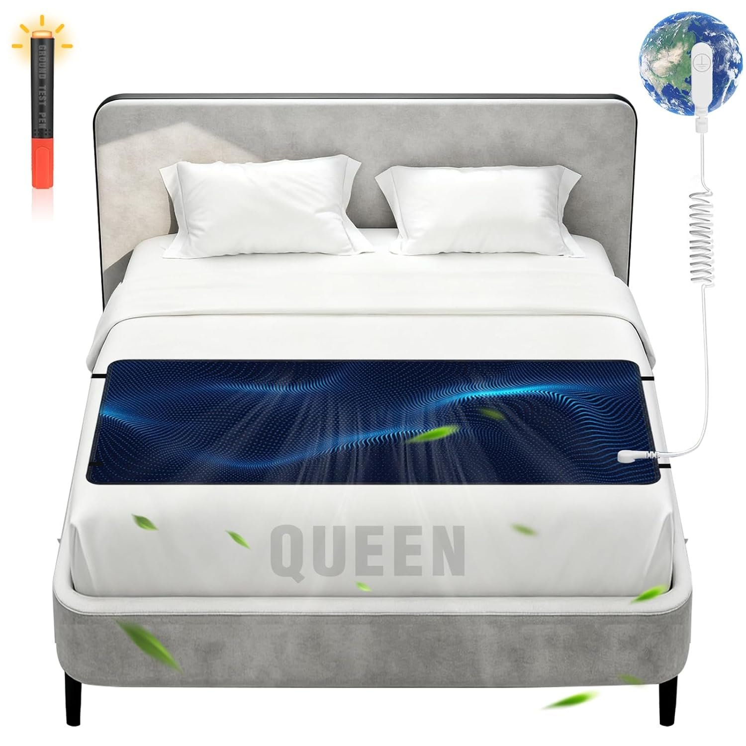 Grounding Mat for Bed Earthing Grounding Pad with 15ft Cord PU Leather Conductive Carbon Fiber Improve Sleep Pain Stress Anxiety Relief Anti-Slip Breathable Queen Size Mattress Pad(60 * 27″)