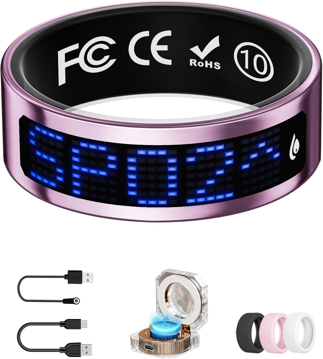 Smart Ring for Women & Men with Display, Health Ring with Heart Rate, Sleep Monitor, IP68 Waterproof Fitness Ring, Fitness Tracker Ring, No APP Fee for iPhone and Android (Pink, 10#)
