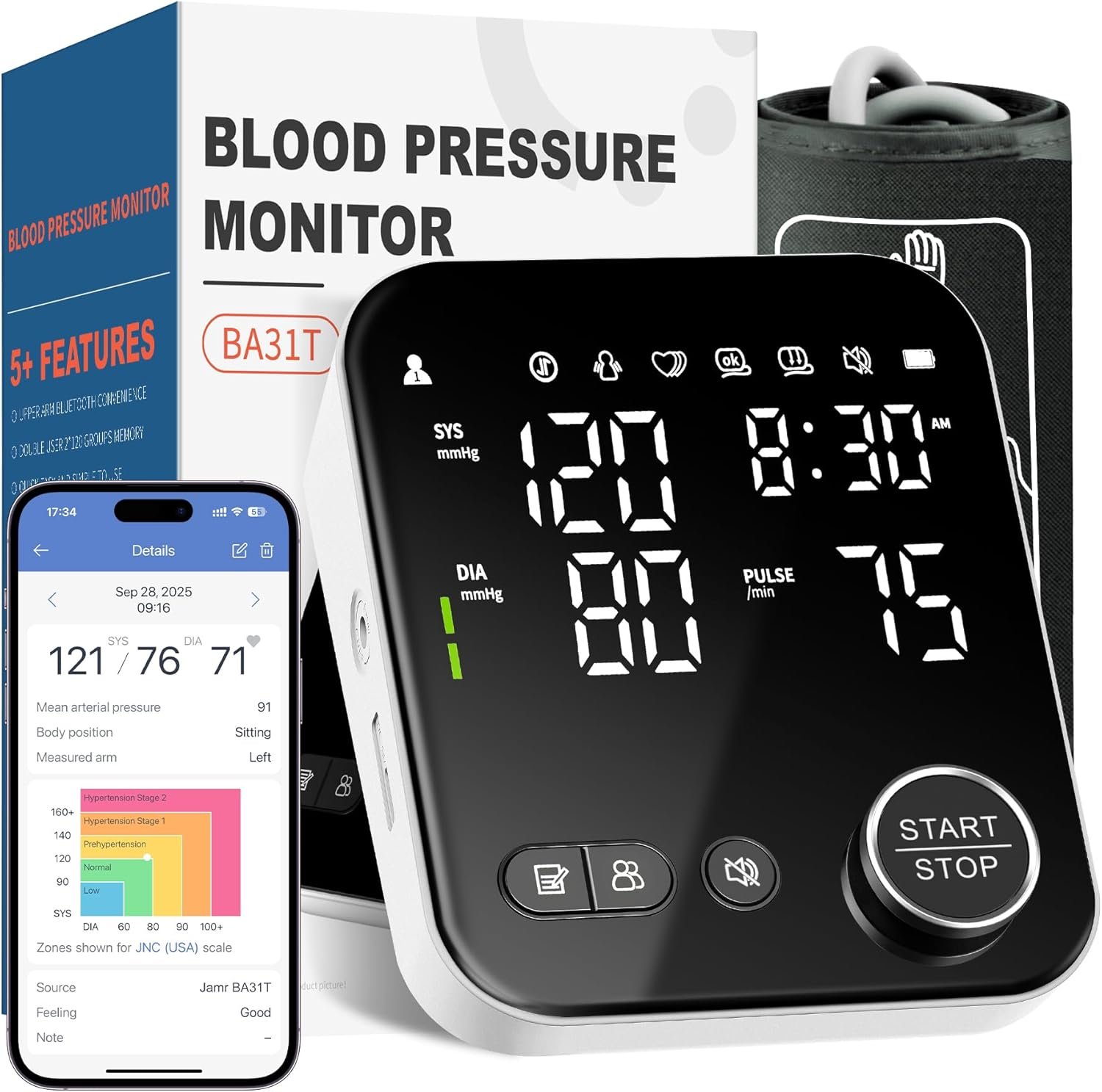 Smart Blood Pressure Monitor with Bluetooth, Automatic Upper Arm BP Machine for Home Use, Large Cuff (8.7”-16.5”), 2×120 Memory, Backlit LED Display, Storage Bag Included, Black