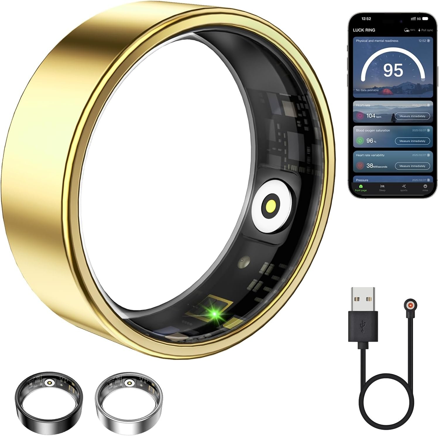 Smart Ring for Women & Men, Featuring Stress and Sleep Monitoring Functions, Blood Oxygen, Sleep Monitoring, Long-Lasting Battery, IP68 Waterproof Health Ring, No Subscription (Gold, 7)