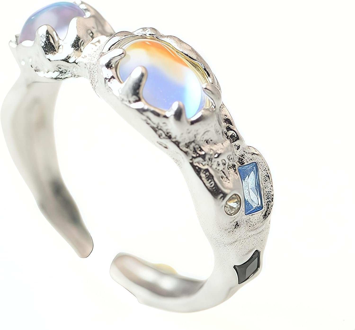 Sterling Silver Moonstone Ring Aquamarine Gemstone Handmade Mood Adjustable Rings For Women Birthstone Ring Jewelry Gift For Women Mom Wife
