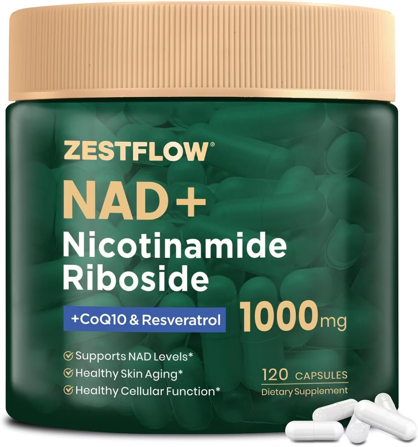 NAD Supplement, NAD+ Nicotinamide Riboside Resveratrol 1000mg, Liposomal NAD Supplement for Women & Men, NAD Plus with CoQ10 for Cellular Energy & Healthy Aging, 120 Caps – 60 Day Supply