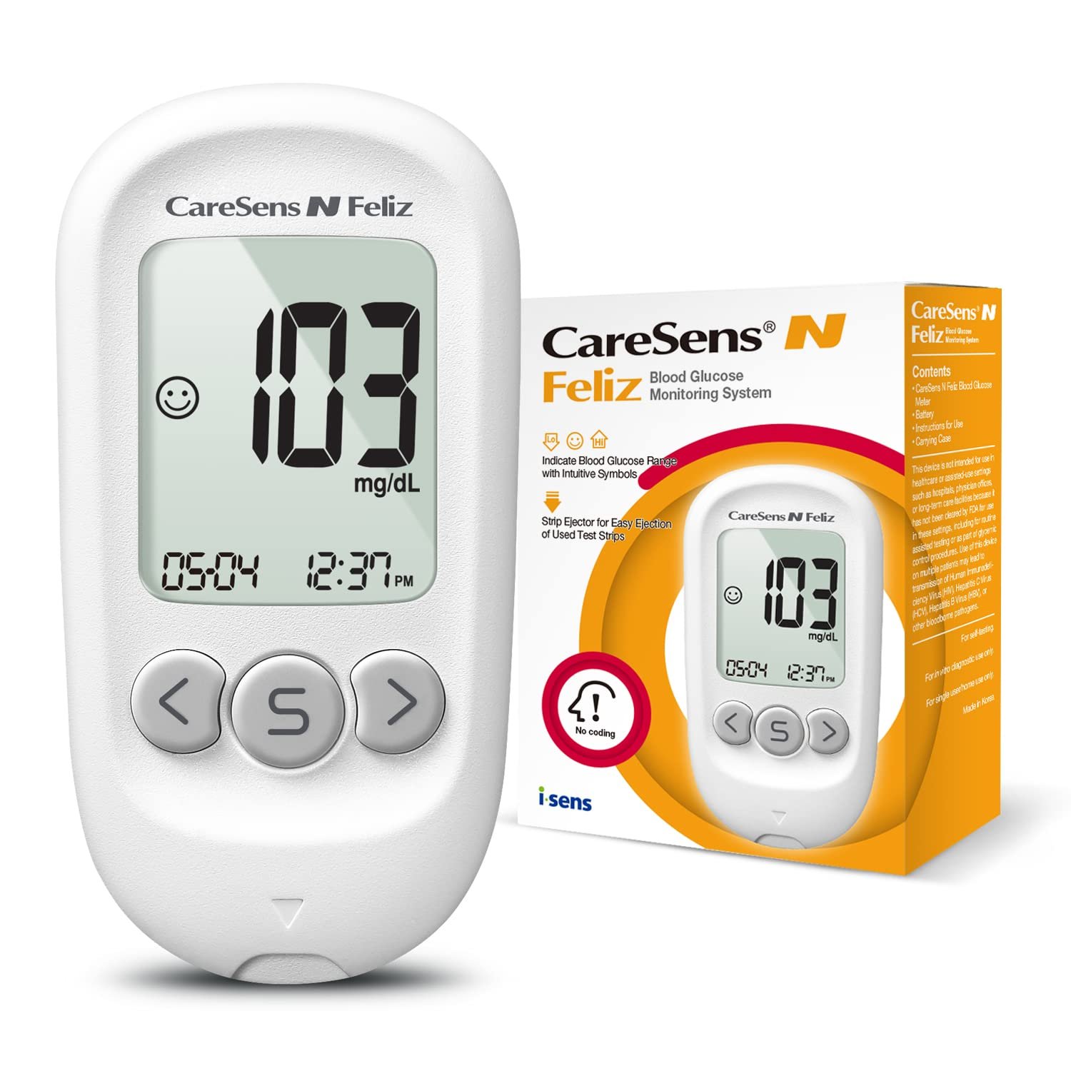 CareSens N Feliz Blood Glucose Monitoring System – Meter Only – 1 Diabetes Blood Glucose Meter, 1 User Guide, 1 Quick Reference guide, 1 Case & 1 CR 2032 Battery
