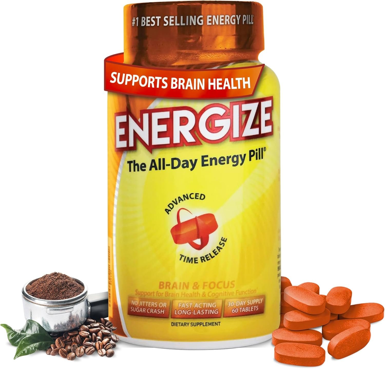 iSatori Energize Brain & Focus Caffeine Pills – Fast Acting All Day Energy Pills, Brain Booster, Energy and Focus Supplement, Time Release Caffeine Means No Jitters, No Crash (60 Tablets)