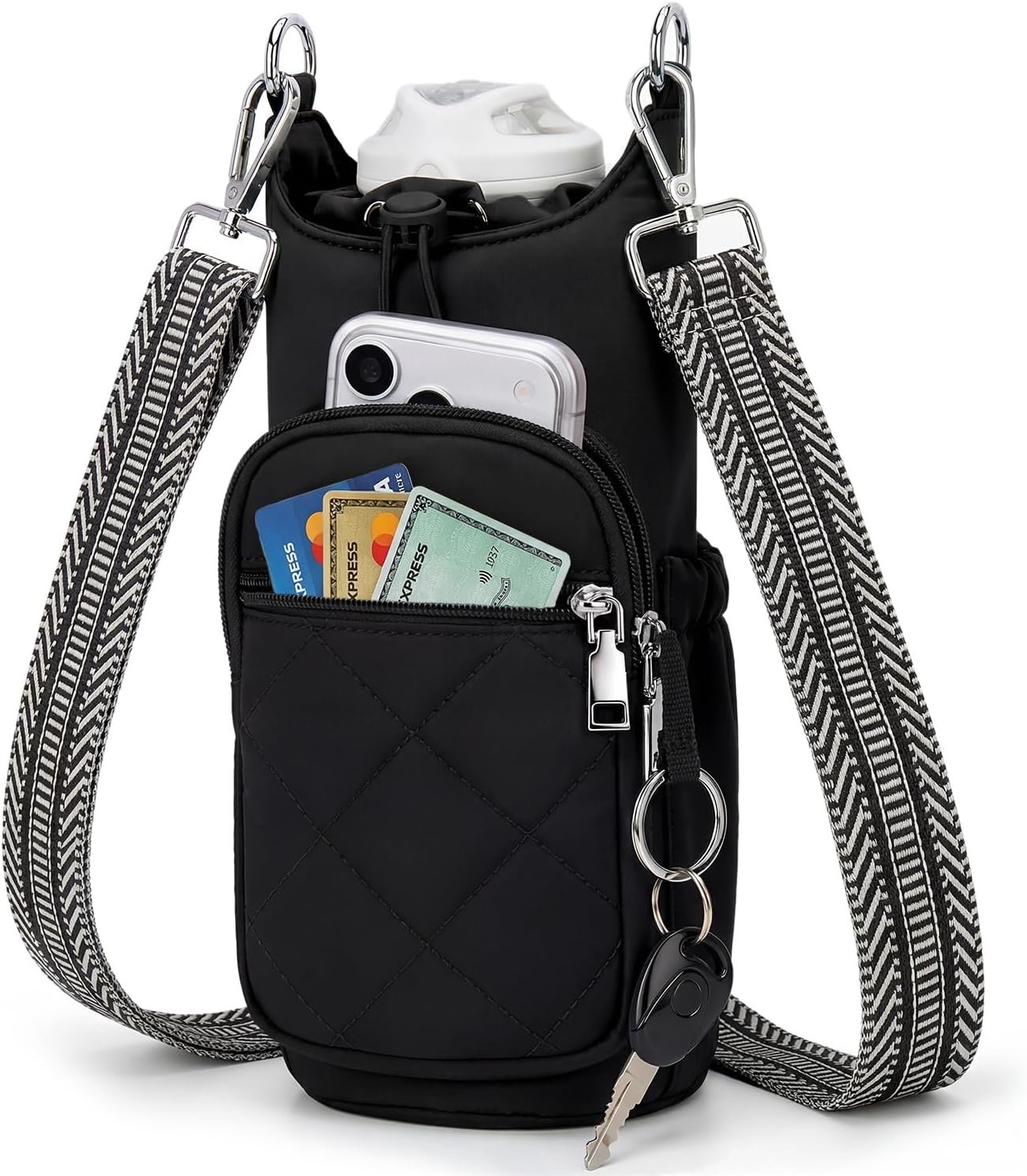 Crossbody Water Bottle Bag for Women, Lightweight Insulated Water Bottle Carrier with Phone Pocket, Secure &Hands-Free for Walking, Travel, Outdoor (Up to 40oz) Black