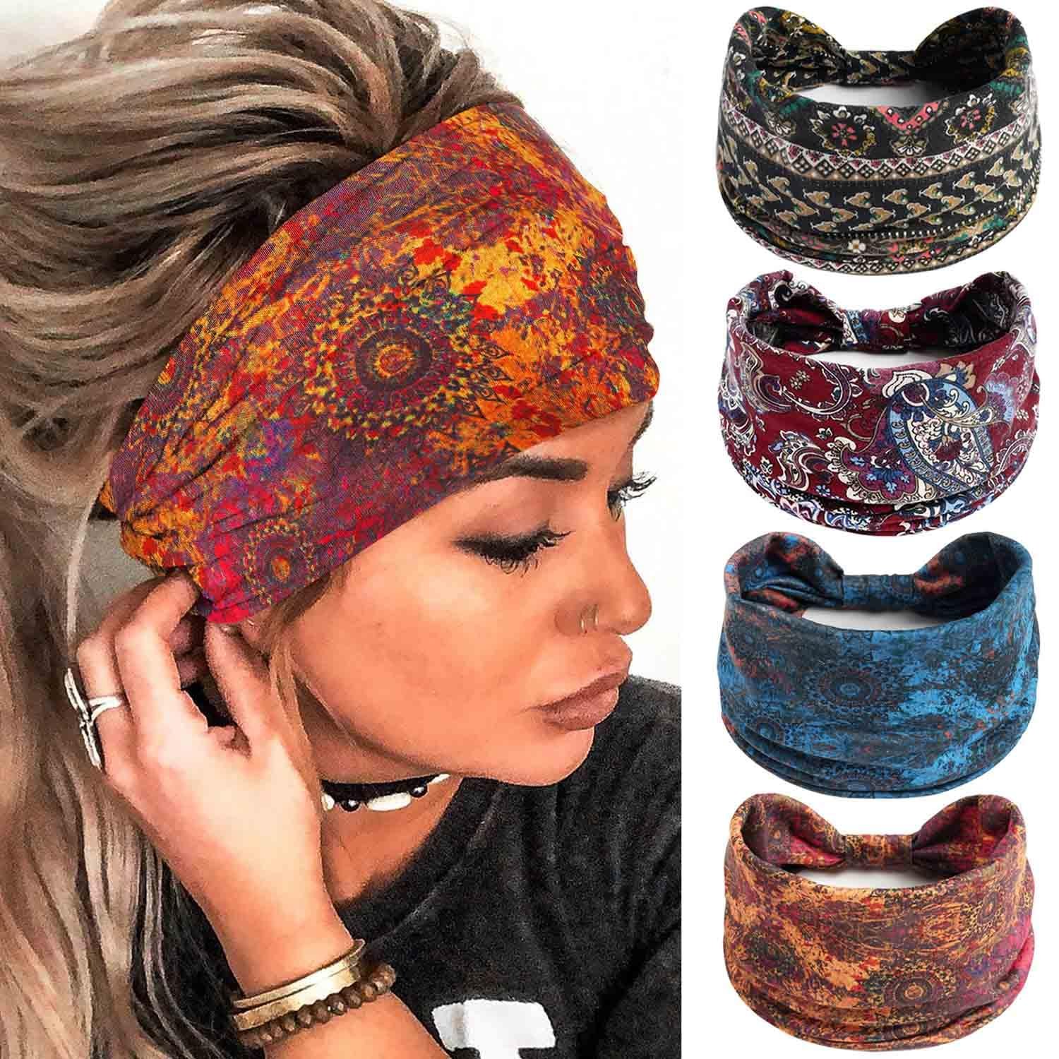 Olbye Wide Boho Headbands Floral Stretch Head Wraps Bohemian African Turban Hairbands Knotted Bandana Headband Yoga Running Head Scarfs Workout Hair Accessories for Women 4Pcs (Boho, 9.4 * 5.9”)