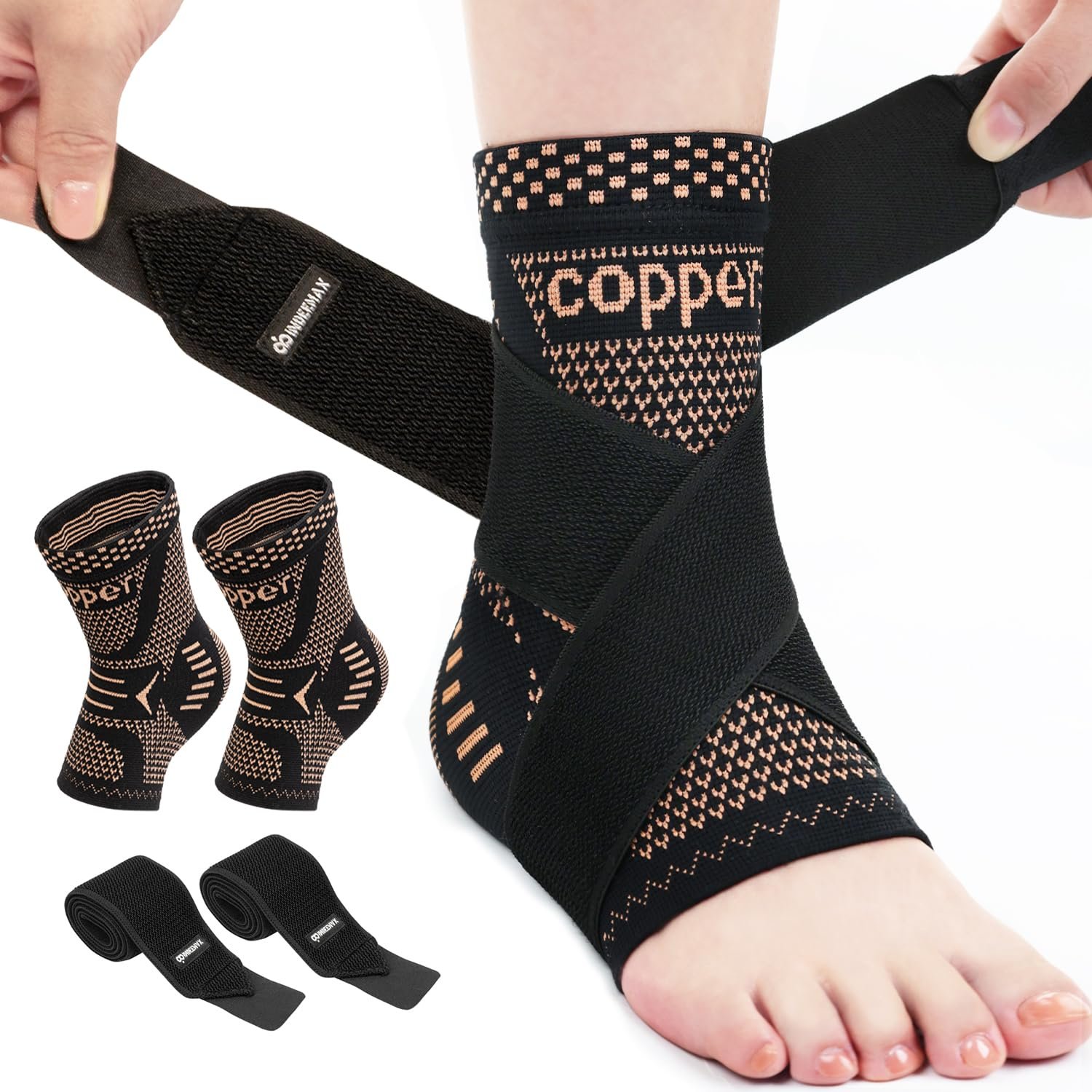INDEEMAX Ankle Brace for Women & Men, Ankle Compression Sleeve Support Copper Infused Ankle Brace for Sprained Ankle, Plantar Fasciitis Sports, Achilles Tendonitis Pain Relief, Copper Black, S