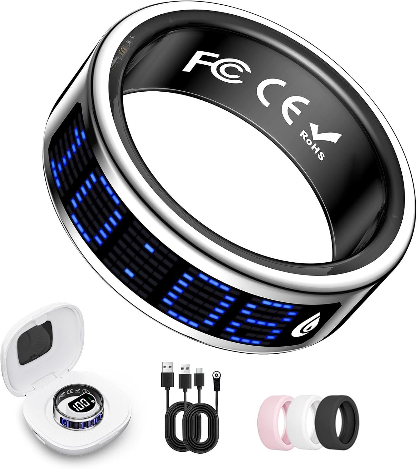 Smart Ring for Women & Men, Fitness & Health Tracker with Display Screen, IP68 Waterproof Smart Rings for Health Monitoring, Fitness Tracker Ring with Call Notification, No App Fees (Silver, 11#)