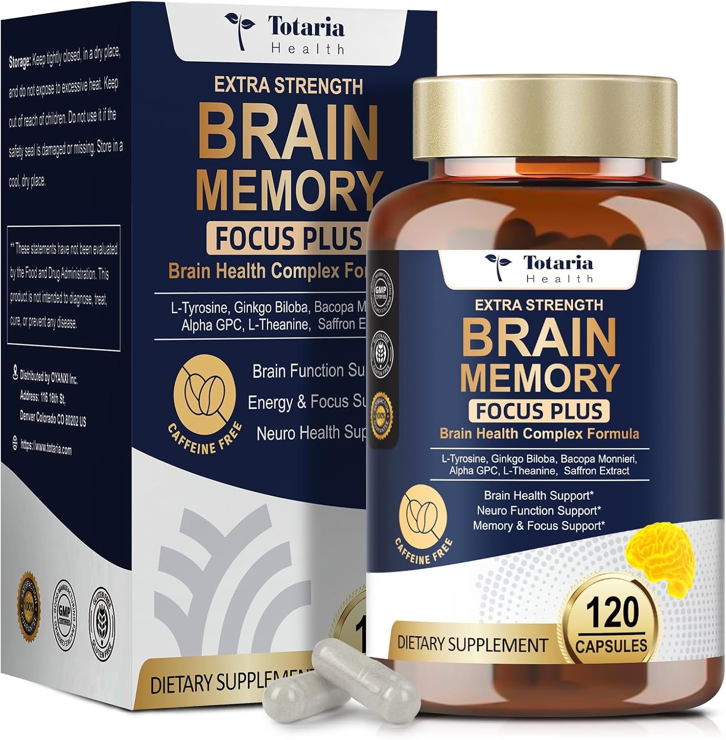 Totara Brain Supplements for Memory and Focus丨Non-Caffeinated Energy with L-Tyrosine, Alpha GPC, Ginkgo Biloba, Bacopa Monnieri, Saffron – Gluten Free, Non-GMO for Neuro & Brain Health (120 Counts)