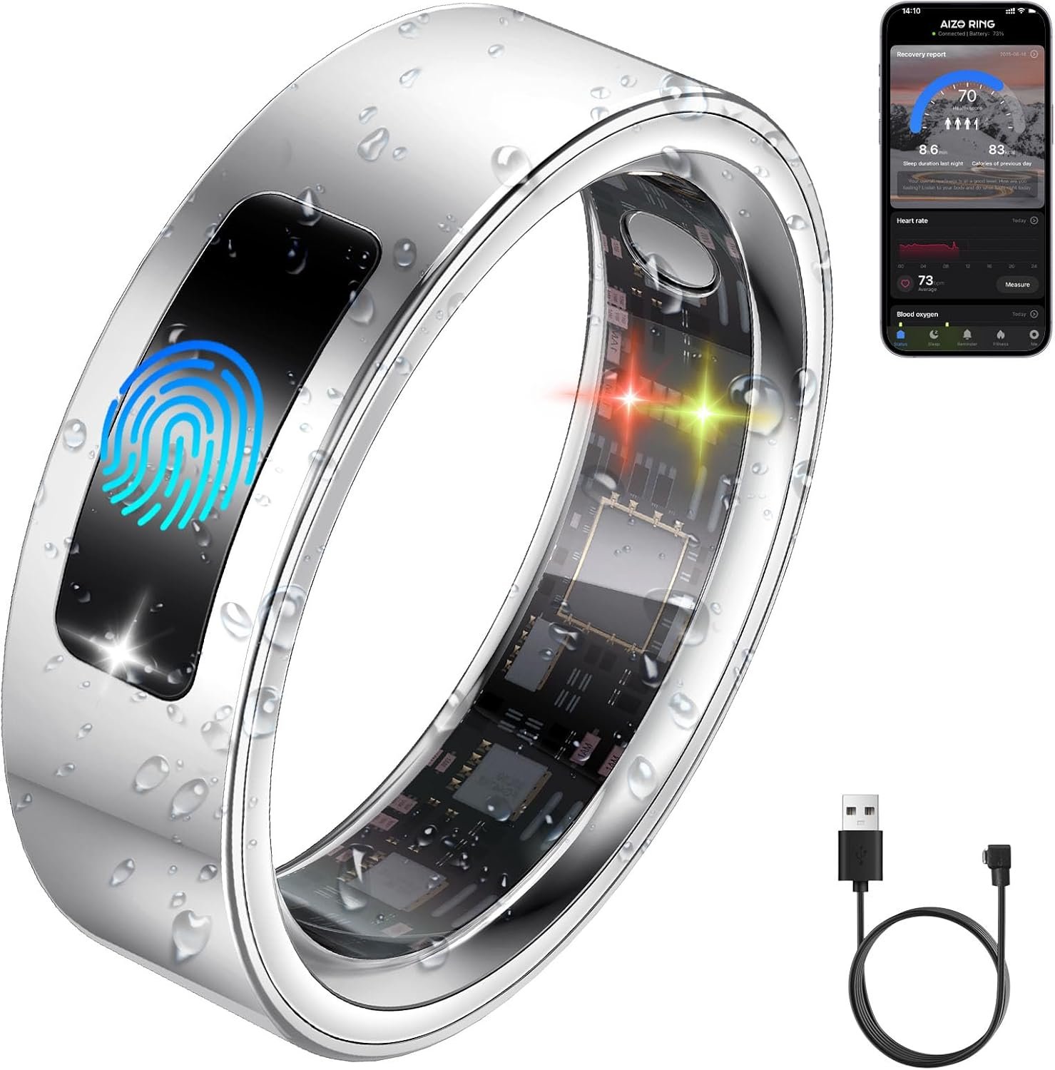uaue Smart Health Ring for Women Men, Vibration Alert, Touch Control, Fitness Tracker Ring with Sleep/Women’s Health/Heart Rate/Steps, IP68 Waterproof for iPhone and Android, Silver 9, No Subscription
