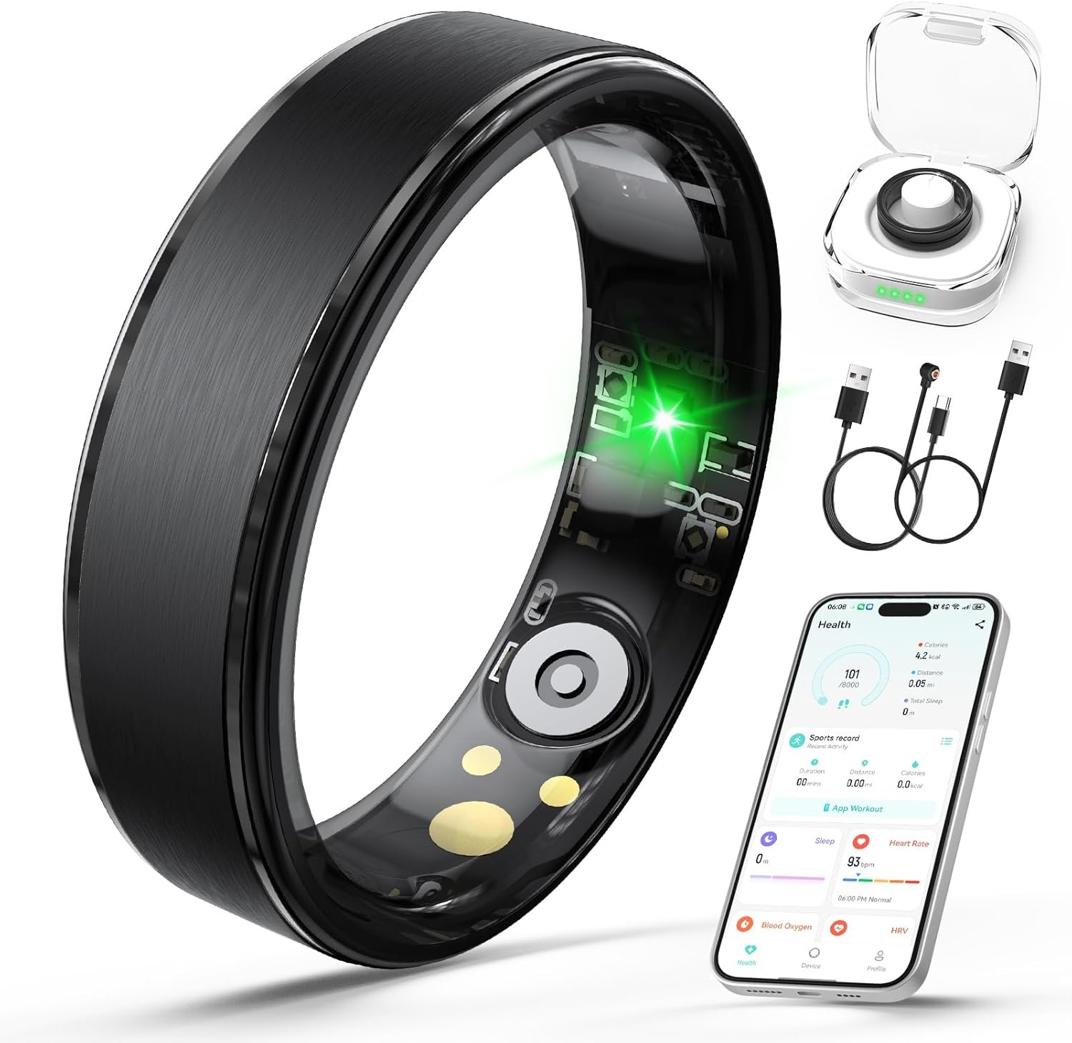 Smart Ring for Women Men, Health Fitness Tracker Ring with Heart Rate/Sleep Tracker/Blood Oxygen/HRV/Stress/Calorie/Steps, IP68 Waterproof for iOS & Android, No APP Fees(Black,8#)
