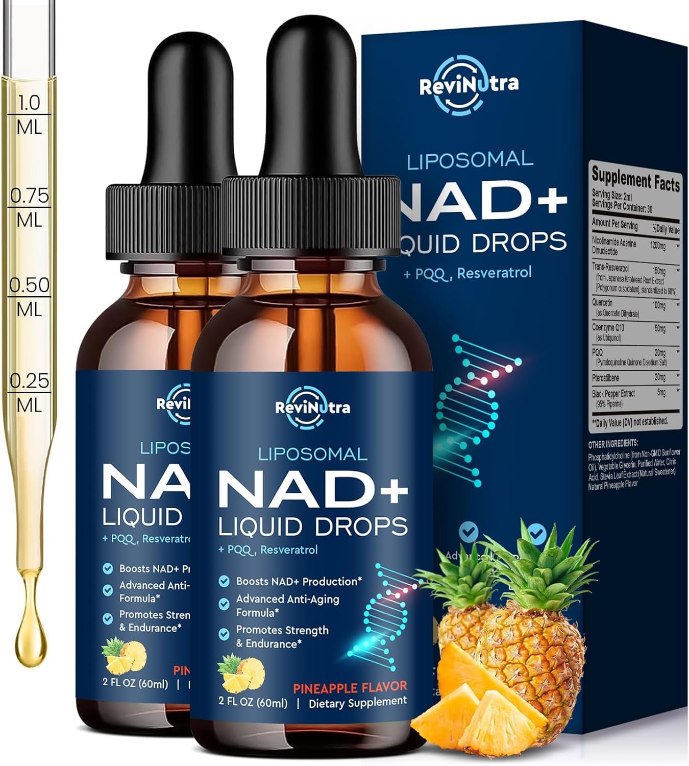 Liposomal NAD Supplement – 1200mg NAD+ Liquid Drops for Women & Men, NAD+ with Resveratrol, PQQ, CoQ10, Quercetin for Anti-Aging, Brain & Cellular Mitochondrial, Pineapple 4 Fl Oz