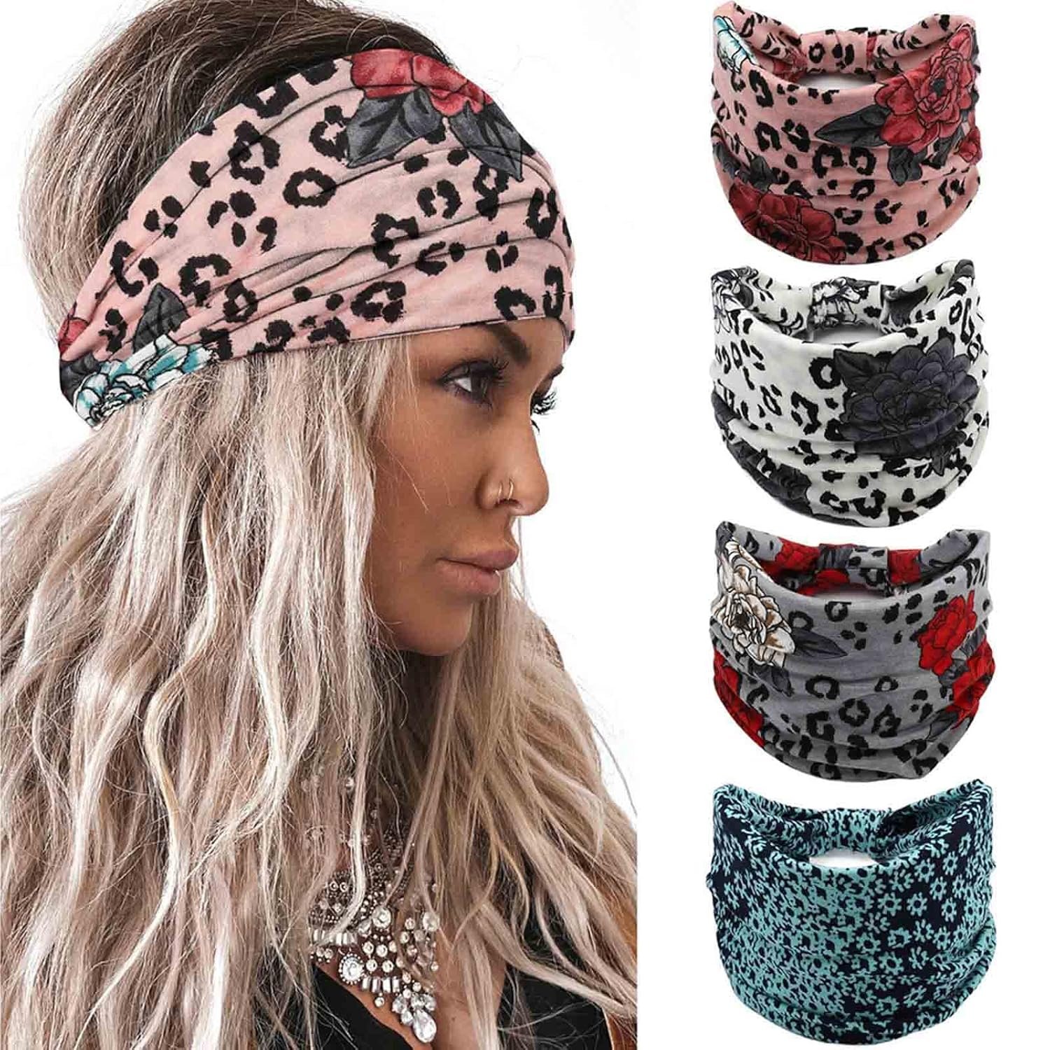 Acenail Wide Headbands Knotted Turban Headband Elastic Non Slip Hairbands Floral Workout Head Bands Yoga Hair Scarfs Boho Head Wraps Fashion Hair Accessories for Women 4Pcs(Gorgeous)