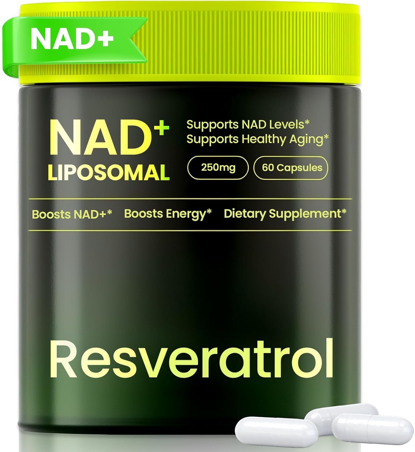 NAD Supplement, Liposomal Nicotinamide Riboside Resveratrol 250mg, NMN Alternative, High Purity NAD Supplement for Women & Men, Anti-Aging, Cellular Energy, Mental Focus – 60 Capsules