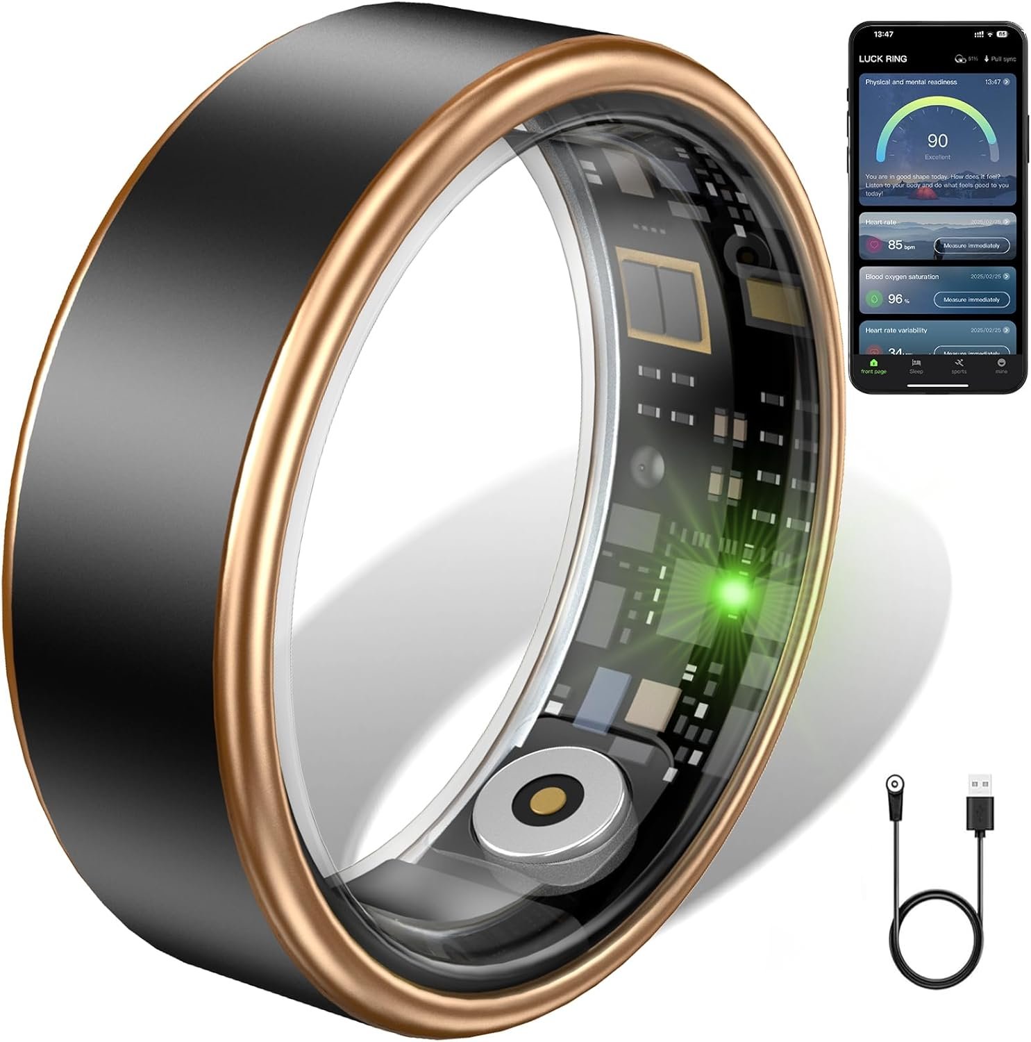 Smart Ring for Women & Men – IP68 Waterproof Fitness Tracker with Long Lasting Batteries, 28-Language App, Sleep/Step/Heart Rate Monitor, Compatible with iOS & Android (Black, 7)
