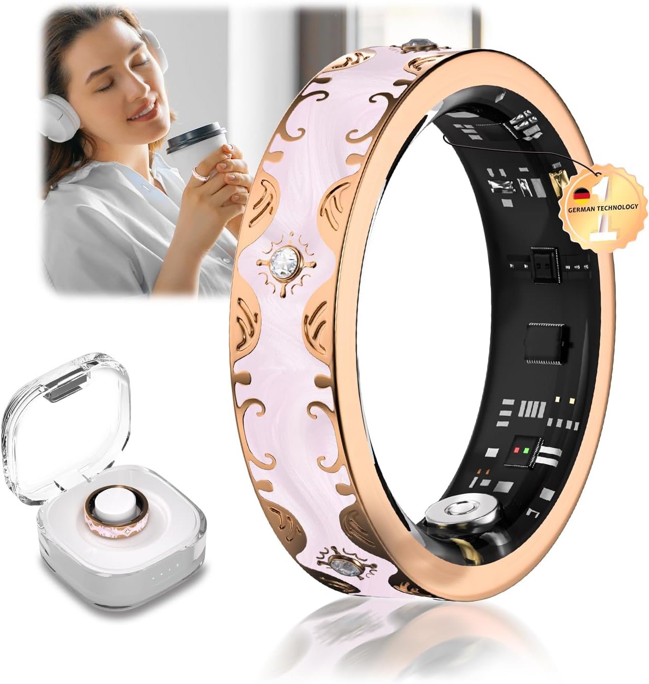 6 Gen Diamond Smart Ring and Wireless Charging Case 【Industry Rank 1-0 Measurement Error】 2026 Smart Ring for Women – Advanced Health Tracker for Wellness and Activity Tracking, Pink 9#