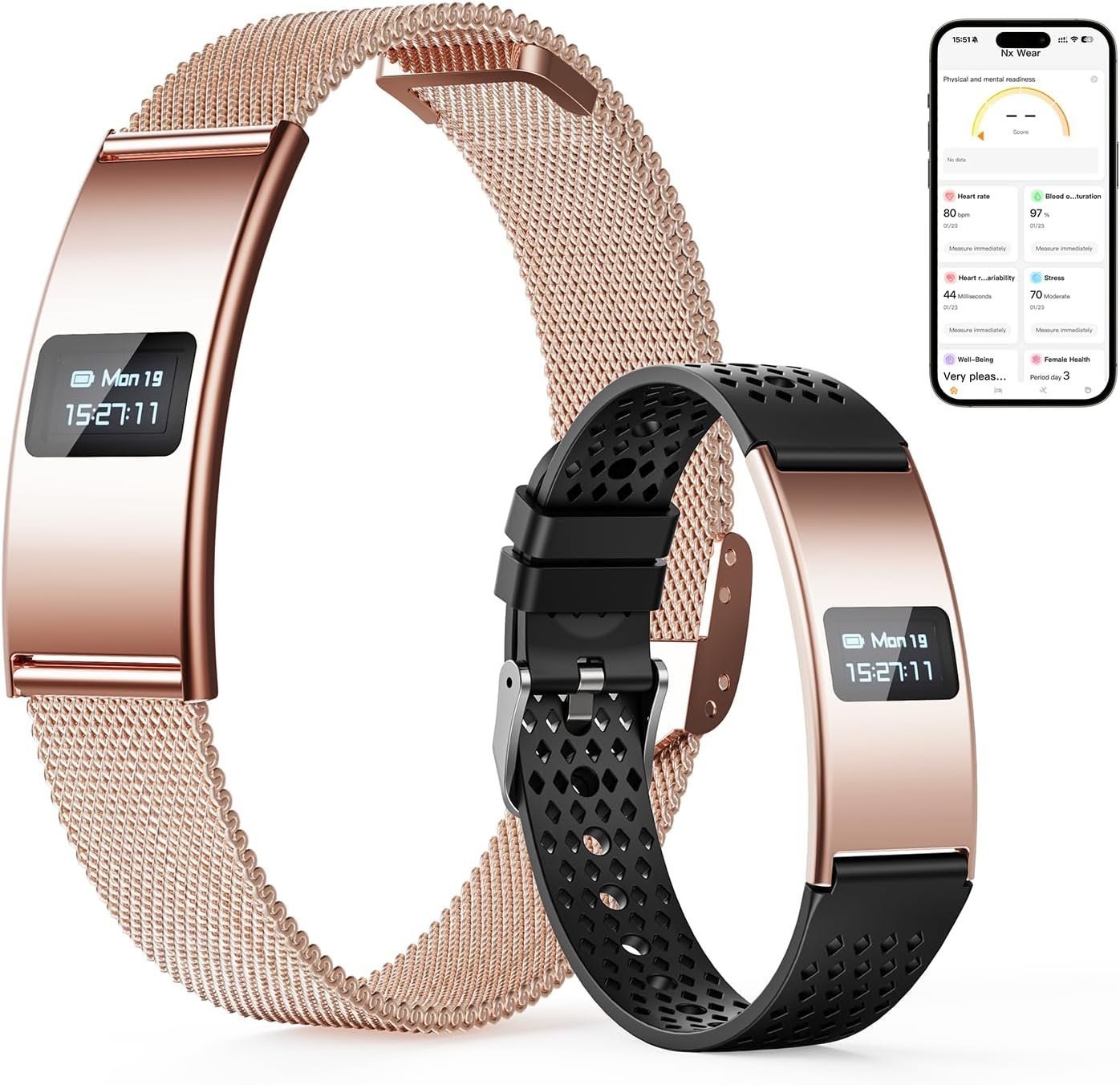 Smart Bracelet, Subscription-Free 24/7 Health Tracking, Heart Rate, SpO2, HRV & Sleep Tracker with IPX8 Waterproof, Wearable Activity & Fitness Tracker, 7-Day Battery, 2 Bands (Rose Gold)