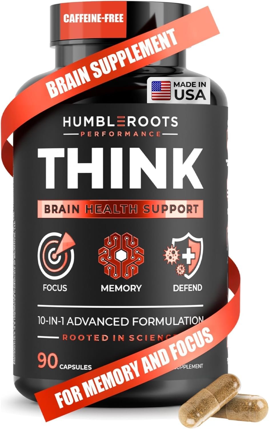 All-Natural Brain Supplement for Memory and Focus – Caffeine-Free Long-Term Cognitive Support – 10 Nootropic Ingredients Including Lion’s Mane, Bacopa, Turmeric, Ginkgo & Huperzine A – 90 Capsules
