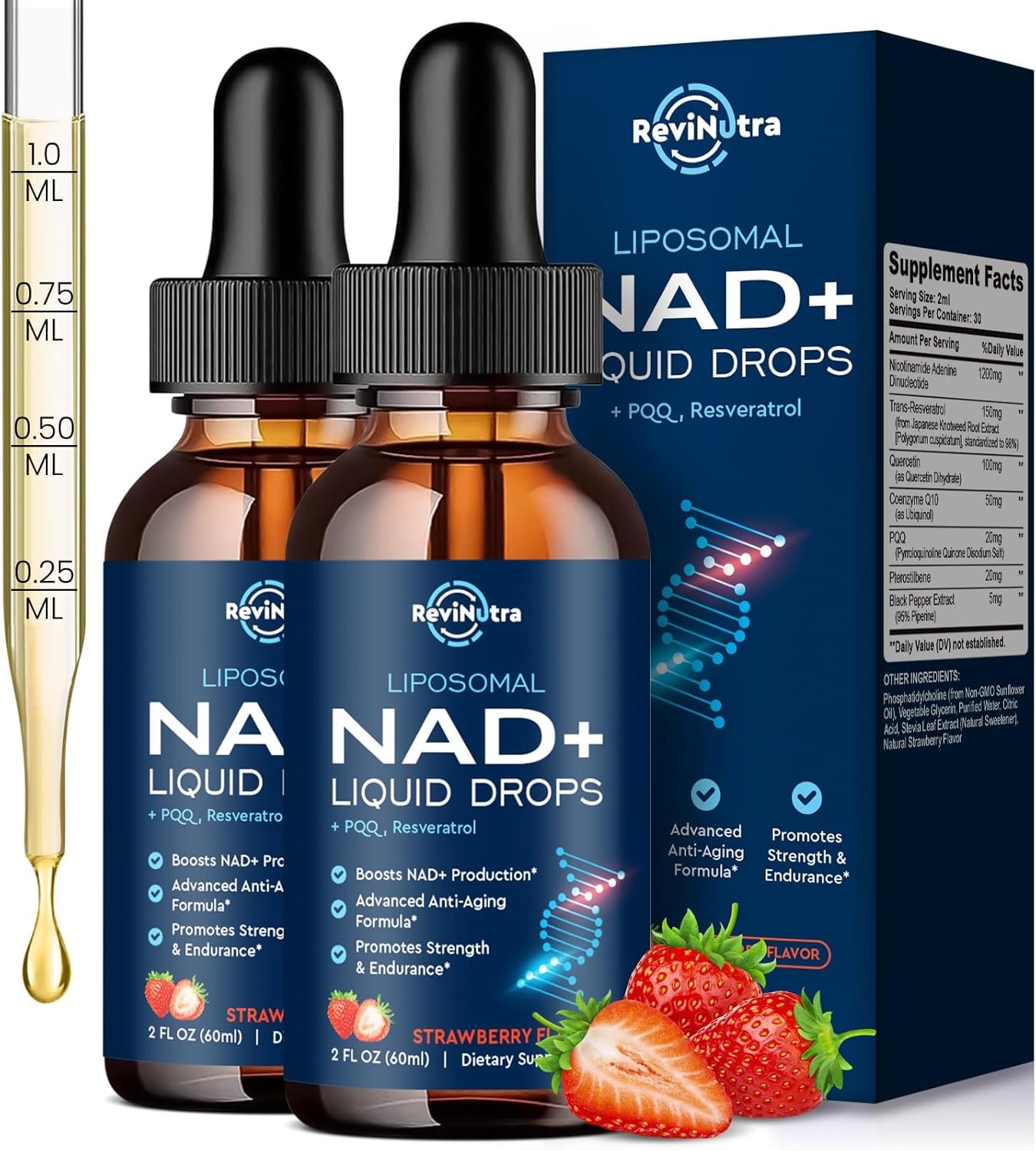Liposomal NAD Supplement – 1200mg NAD+ Liquid Drops for Women & Men, Nicotinamide with Resveratrol, PQQ, CoQ10, Quercetin for Anti-Aging, Brain & Cellular Mitochondrial, Strawberry 4 Fl Oz