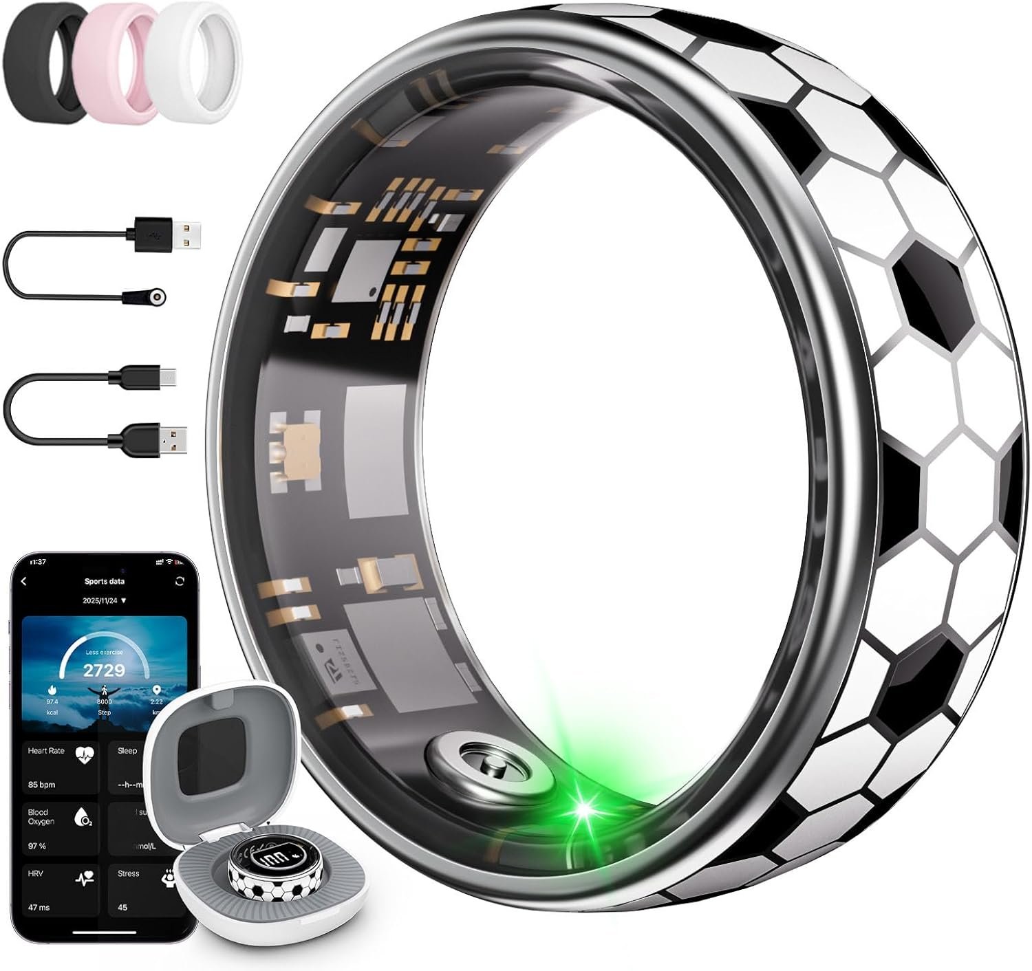 Soccer Pattern Smart Ring for Men Women, Fitness Tracker Ring– HR, SpO2, Sleep Monitor Step Calorie Distance, Vibration, Waterproof Fitness Ring, Soccer Gifts for Soccer Fan–No APP Fee (11#)