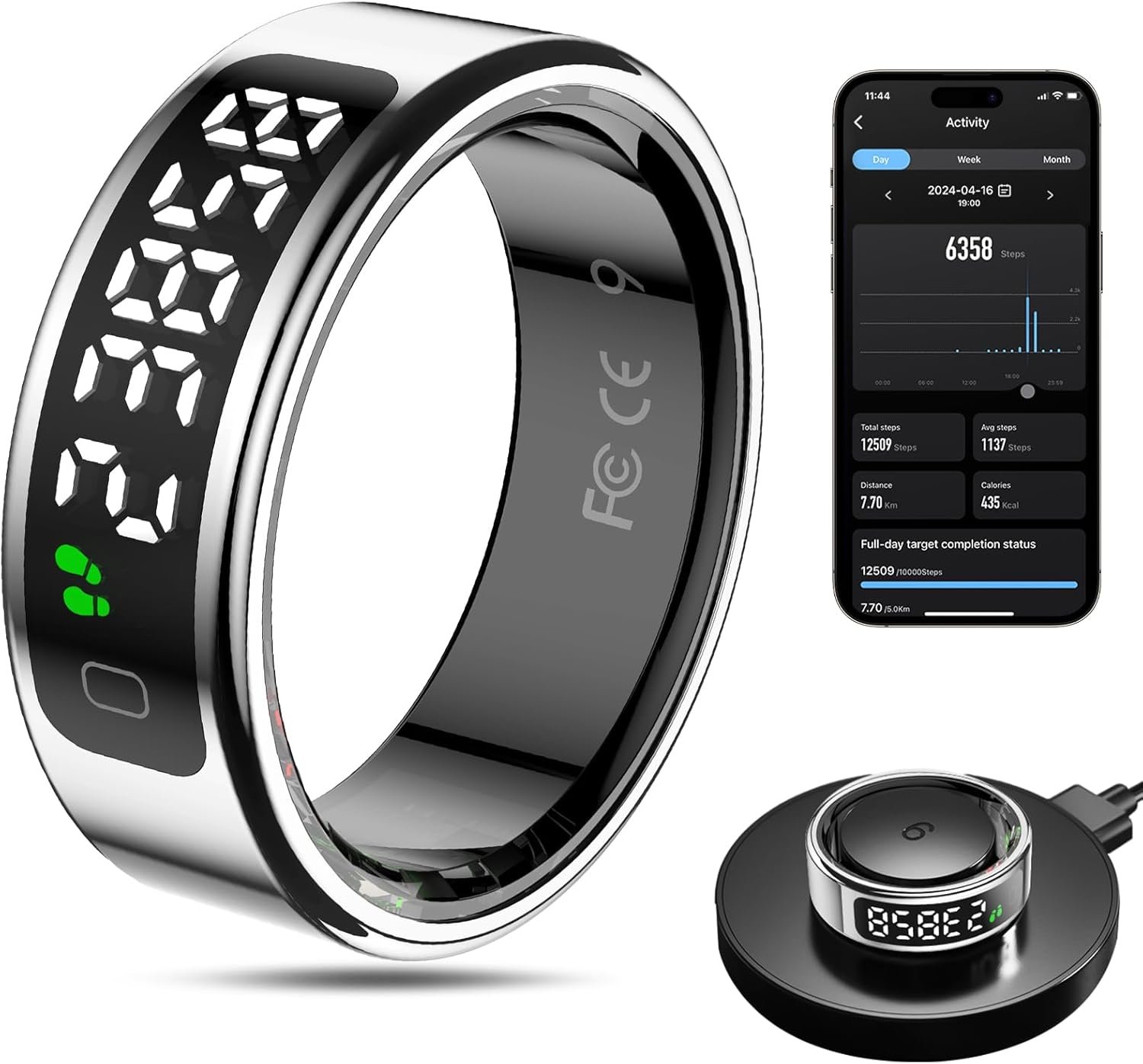 Smart Ring Health Tracker for Men/Women with LED Dispay Screen,Fitness Ring Sleep Tracker,Fast Charging,for Pedometer Exercise,Monitor Sleep,Heart Rate, Stress,Waterproof (Silver,9)
