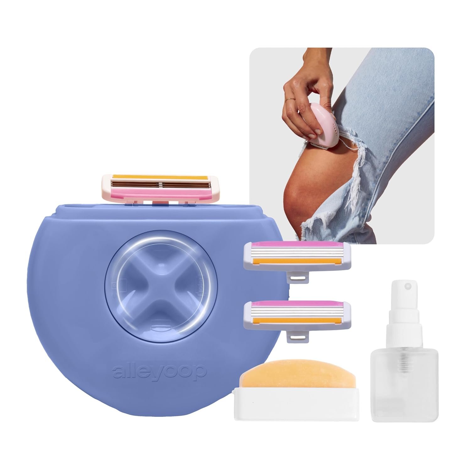 Alleyoop Portable Travel Razors For Women – Perfect For Touch Ups On-The-Go – Includes Refillable Blades, Moisturizing Bar & Water Spray Bottle – Safe For All/Sensitive Skin Types (Periwinkle)