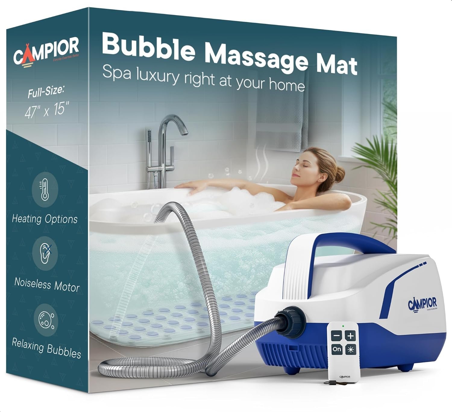Bubble Bath Massager Mat for Bathtub, 47.24″ x 14.57″ Full-Body Heated Air Spa with 6-Level Adjustable Bubbles, Non-Slip Waterproof Design, Remote Control, For Stress, Muscle Relief & Relaxation, Blue