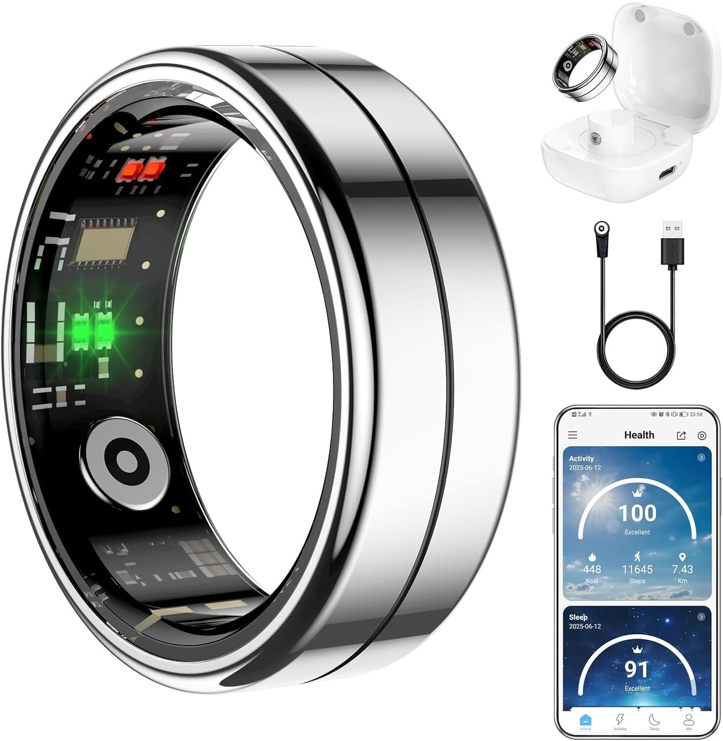 Fit Ring for Women Men, Ring Health Tracker with Heart Rate,Blood Oxygen,Heart Rate Variability, Stress, Sleep Monitor, Step Counter, Smart Ring for iPhone & Android, No Subscription Fee (Silver, 10