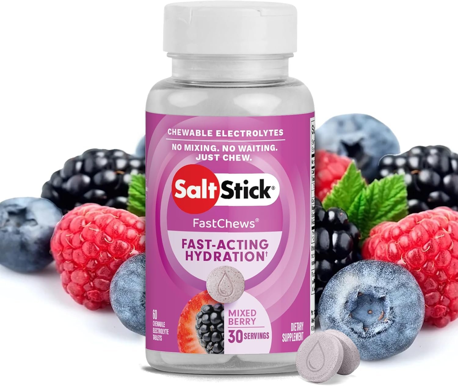 SaltStick Electrolyte FastChews – 60 Mixed Berry Chewable Tablets – Salt Tablets for Running and Hydration, Electrolyte Chews – 60 Count Bottle
