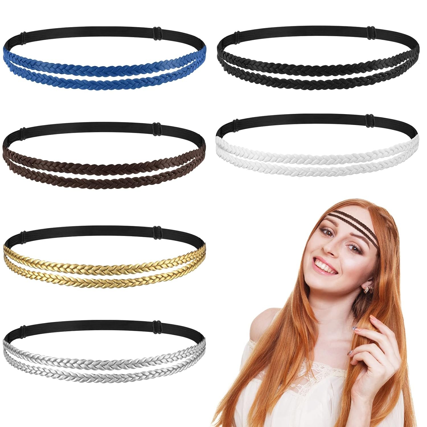 Yinder Women’s Boho Leather Stretchy Double Non Slip Hair Accessory – 6 Pcs Elastic Braided Headbands in Elegant Color
