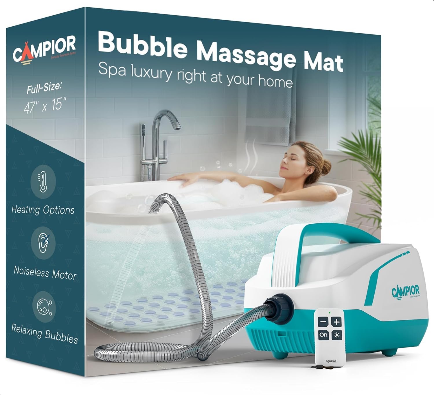 Bubble Bath Massager Mat for Bathtub, 47.24″ x 14.57″ Full-Body Heated Air Spa with 6-Level Adjustable Bubbles, Non-Slip Waterproof Design, Remote Control, For Stress, Muscle Relief & Relaxation, Aqua