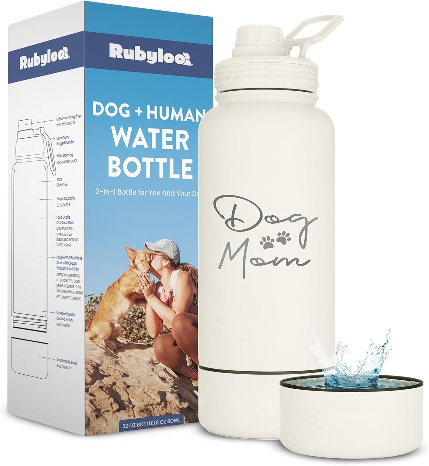 Dog Mom Water Bottle – 32 oz Stainless Steel Double Wall Insulated with 8 oz Detachable Bowl on Bottom – Cool Dog Mom Gifts for Women for Hiking, Walking, Travel and Everyday Adventures – DM Cream